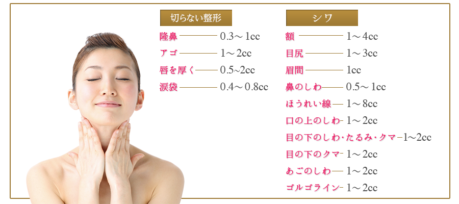 スーパーヒアルロン酸注入部位一覧表